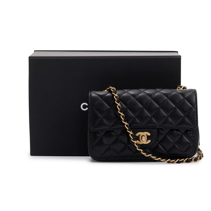 Chanel 2020 Small Black Lambskin Strap Into Flap Bag