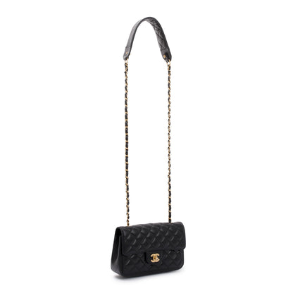 Chanel 2020 Small Black Lambskin Strap Into Flap Bag