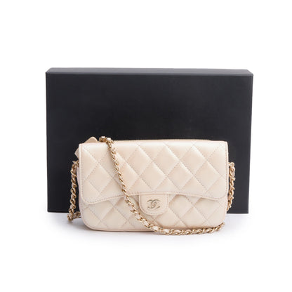 Chanel 2021 Beige Iridescent Quilted Calfskin Leather Classic Flap Phone Holder on Chain