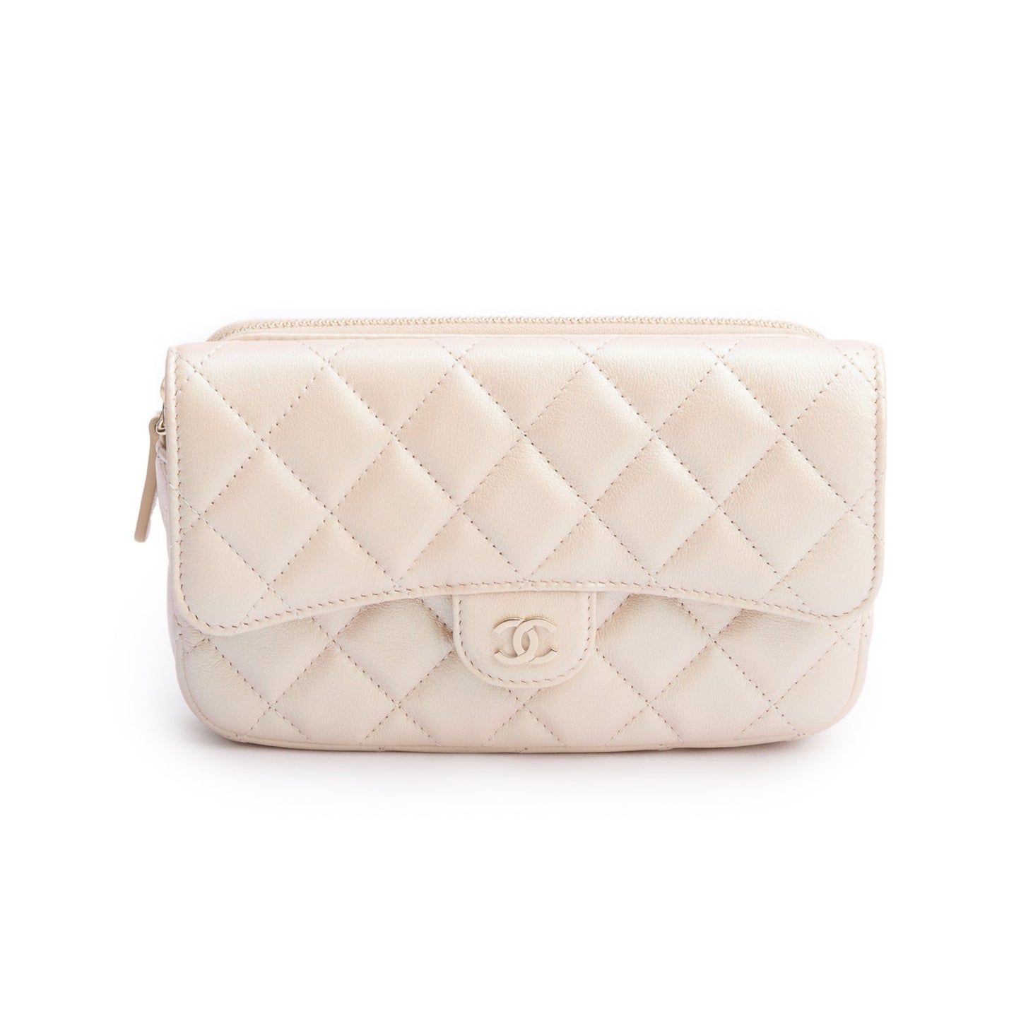 Chanel 2021 Beige Iridescent Quilted Calfskin Leather Classic Flap Phone Holder on Chain