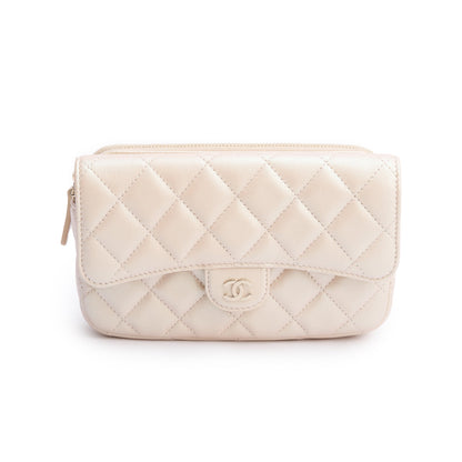 Chanel 2021 Beige Iridescent Quilted Calfskin Leather Classic Flap Phone Holder on Chain