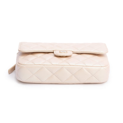 Chanel 2021 Beige Iridescent Quilted Calfskin Leather Classic Flap Phone Holder on Chain