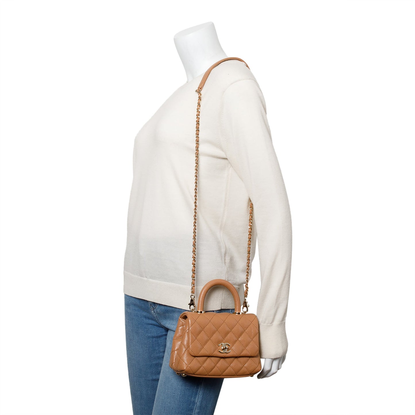Chanel 2021 Beige Quilted Caviar Leather Mini Coco Top Handle Flap Bag