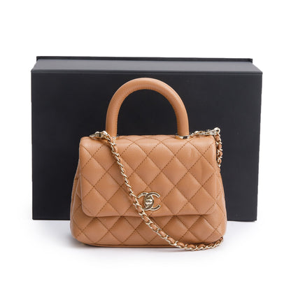 Chanel 2021 Beige Quilted Caviar Leather Mini Coco Top Handle Flap Bag