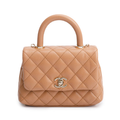 Chanel 2021 Beige Quilted Caviar Leather Mini Coco Top Handle Flap Bag