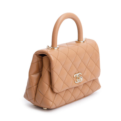 Chanel 2021 Beige Quilted Caviar Leather Mini Coco Top Handle Flap Bag