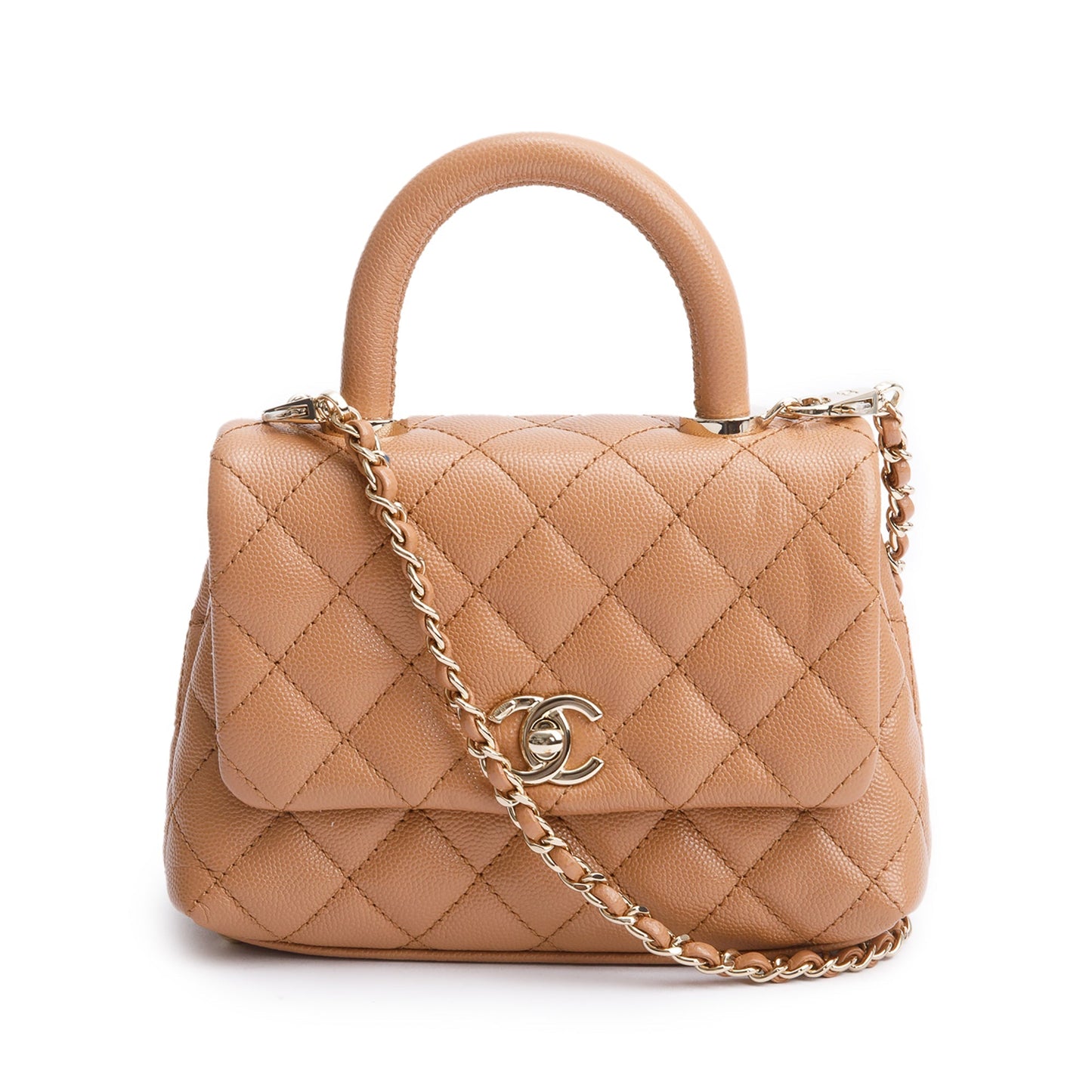 Chanel 2021 Beige Quilted Caviar Leather Mini Coco Top Handle Flap Bag