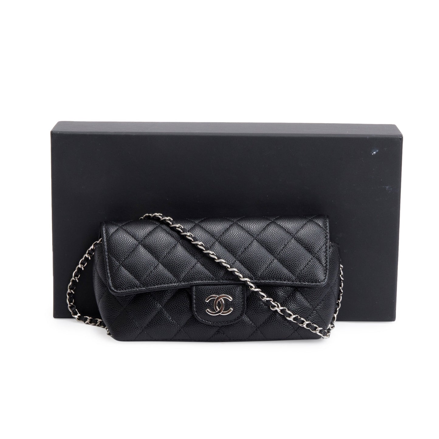 Chanel 2021 Black Quilted Caviar Leather Classic Sunglasses Case on Chain