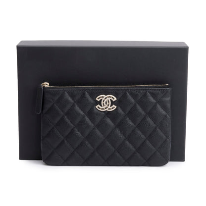 Chanel 2021 Black Quilted Caviar Leather Small CC Strass O-Case Clutch