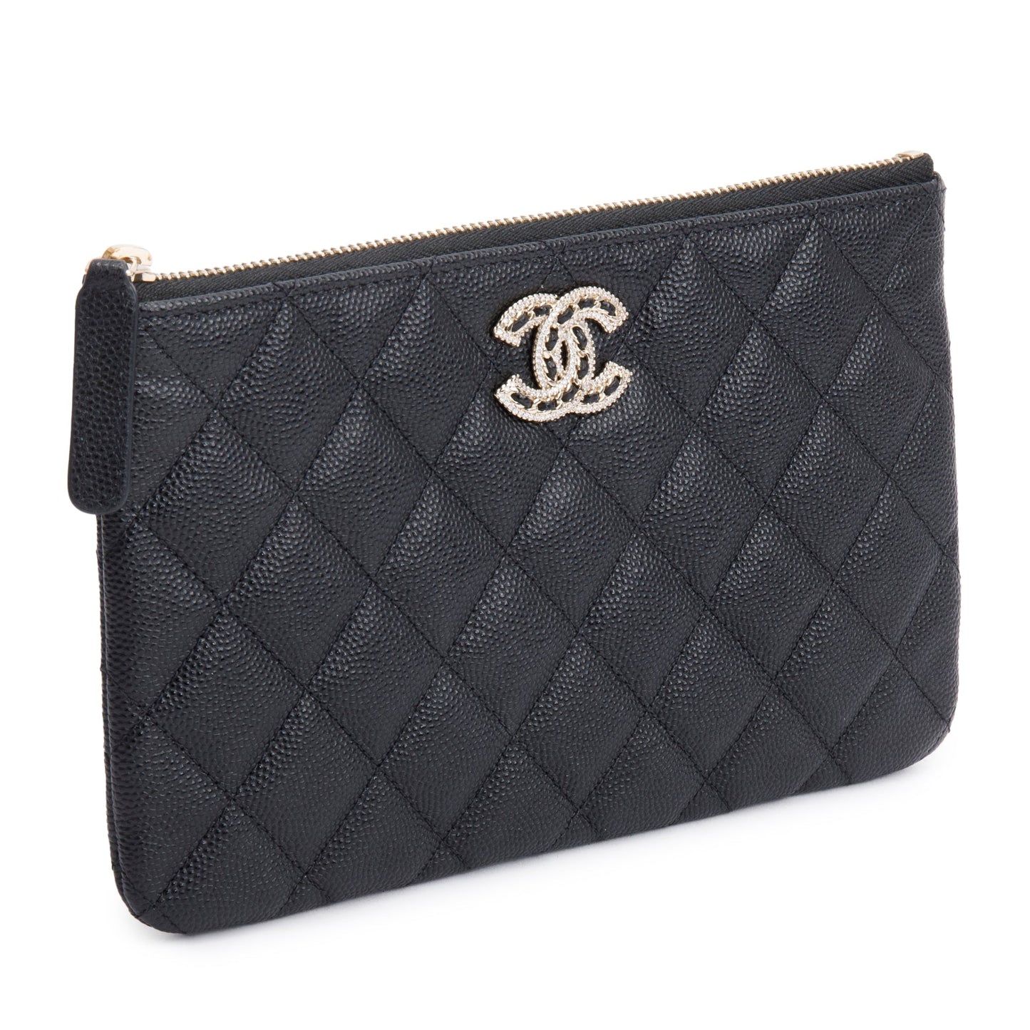 Chanel 2021 Black Quilted Caviar Leather Small CC Strass O-Case Clutch