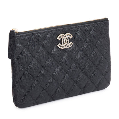 Chanel 2021 Black Quilted Caviar Leather Small CC Strass O-Case Clutch