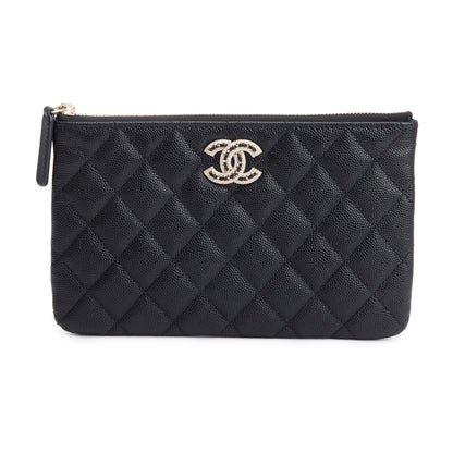 Chanel 2021 Black Quilted Caviar Leather Small CC Strass O-Case Clutch