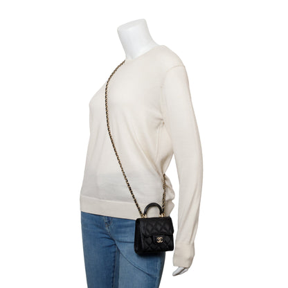 Chanel 2021 Black Quilted Lambskin Leather Mini Top Handle Clutch on Chain