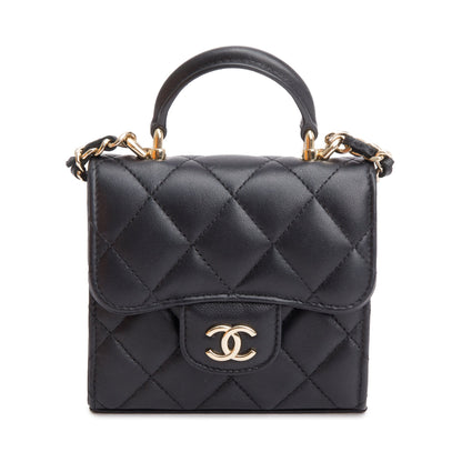Chanel 2021 Black Quilted Lambskin Leather Mini Top Handle Clutch on Chain