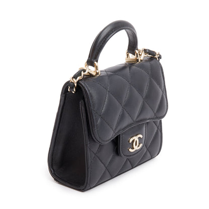 Chanel 2021 Black Quilted Lambskin Leather Mini Top Handle Clutch on Chain