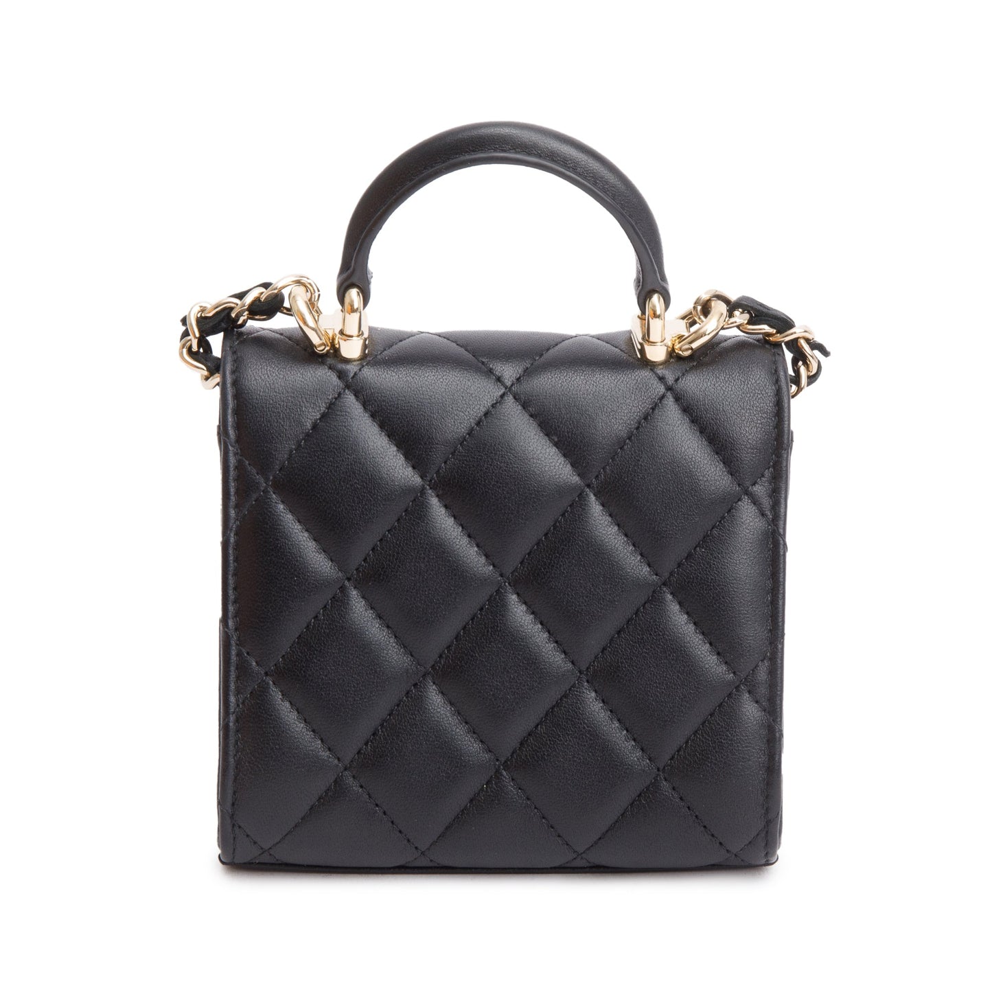 Chanel 2021 Black Quilted Lambskin Leather Mini Top Handle Clutch on Chain