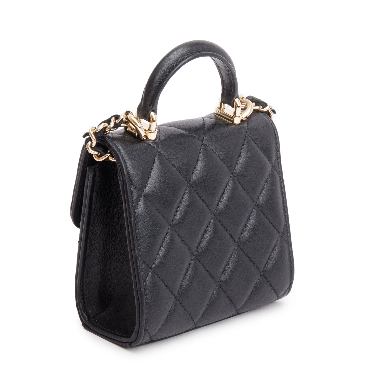 Chanel 2021 Black Quilted Lambskin Leather Mini Top Handle Clutch on Chain