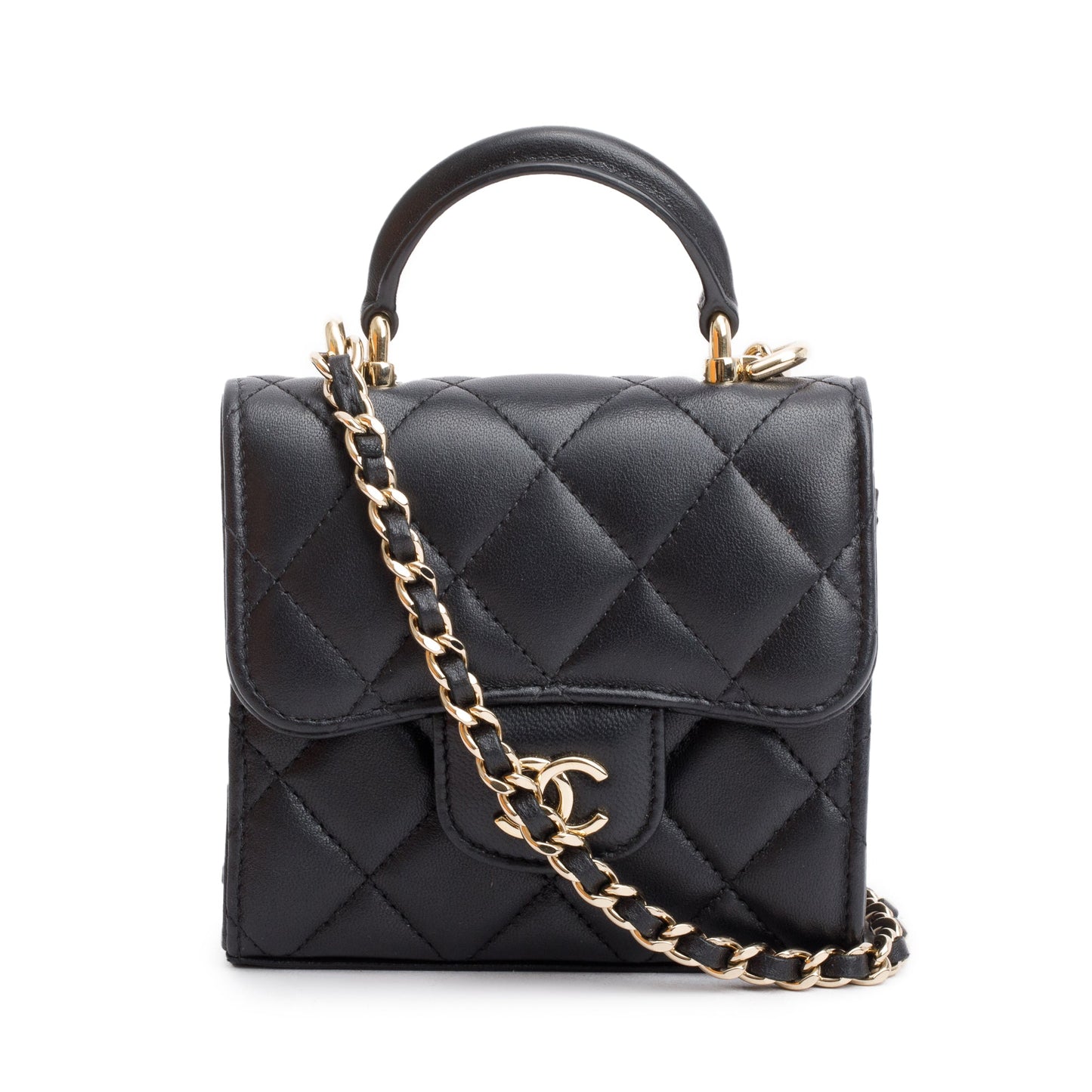 Chanel 2021 Black Quilted Lambskin Leather Mini Top Handle Clutch on Chain