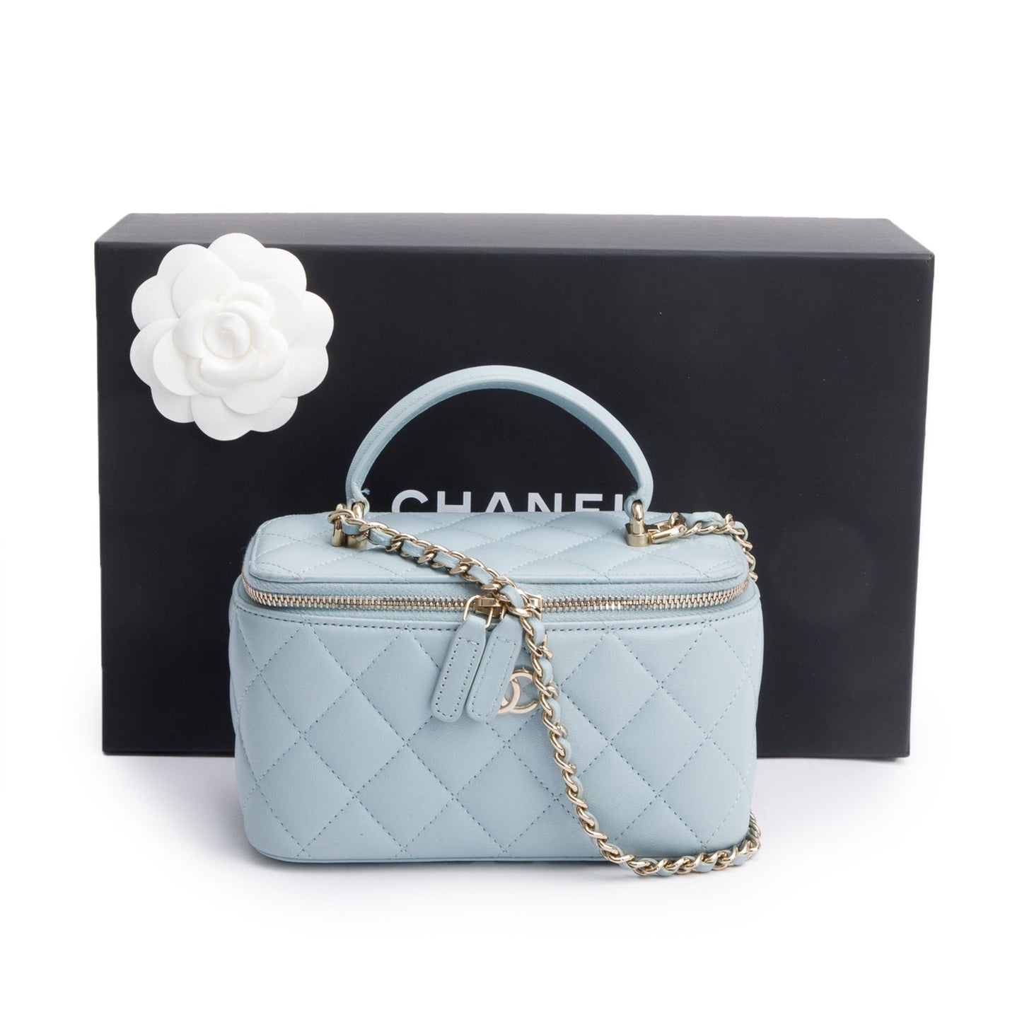 Chanel 2021 Blue Lambskin Leather Small Top Handle Vanity Case