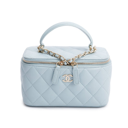 Chanel 2021 Blue Lambskin Leather Small Top Handle Vanity Case