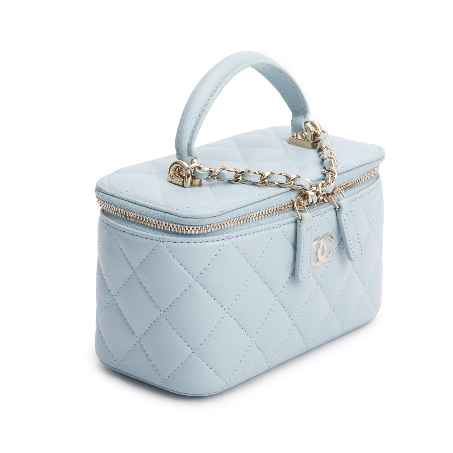 Chanel 2021 Blue Lambskin Leather Small Top Handle Vanity Case