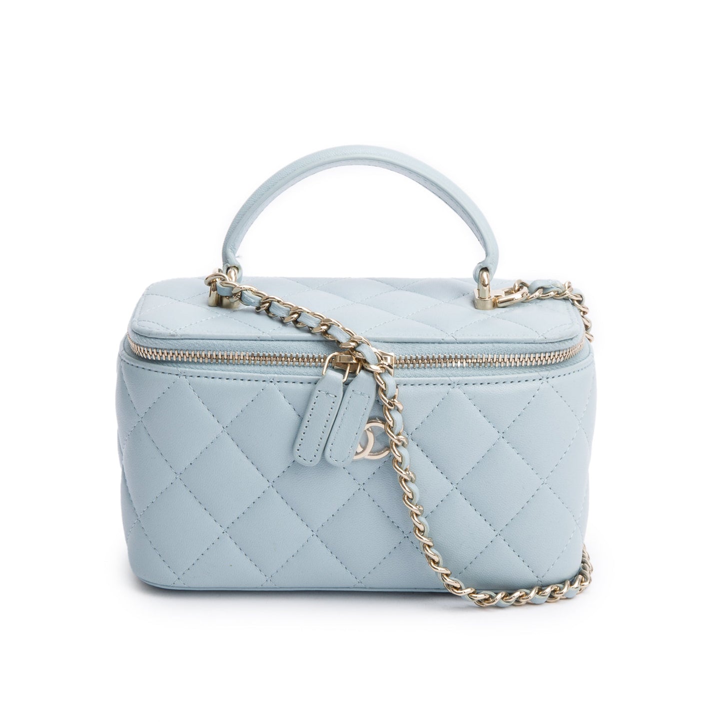 Chanel 2021 Blue Lambskin Leather Small Top Handle Vanity Case