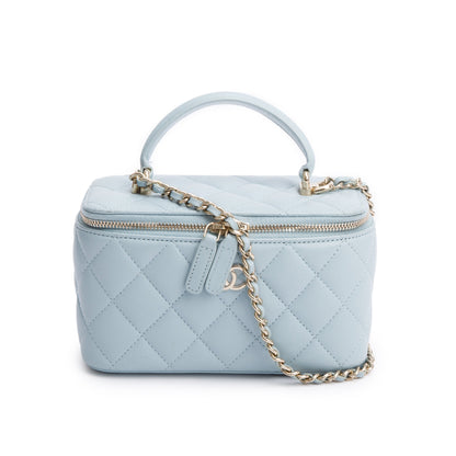 Chanel 2021 Blue Lambskin Leather Small Top Handle Vanity Case