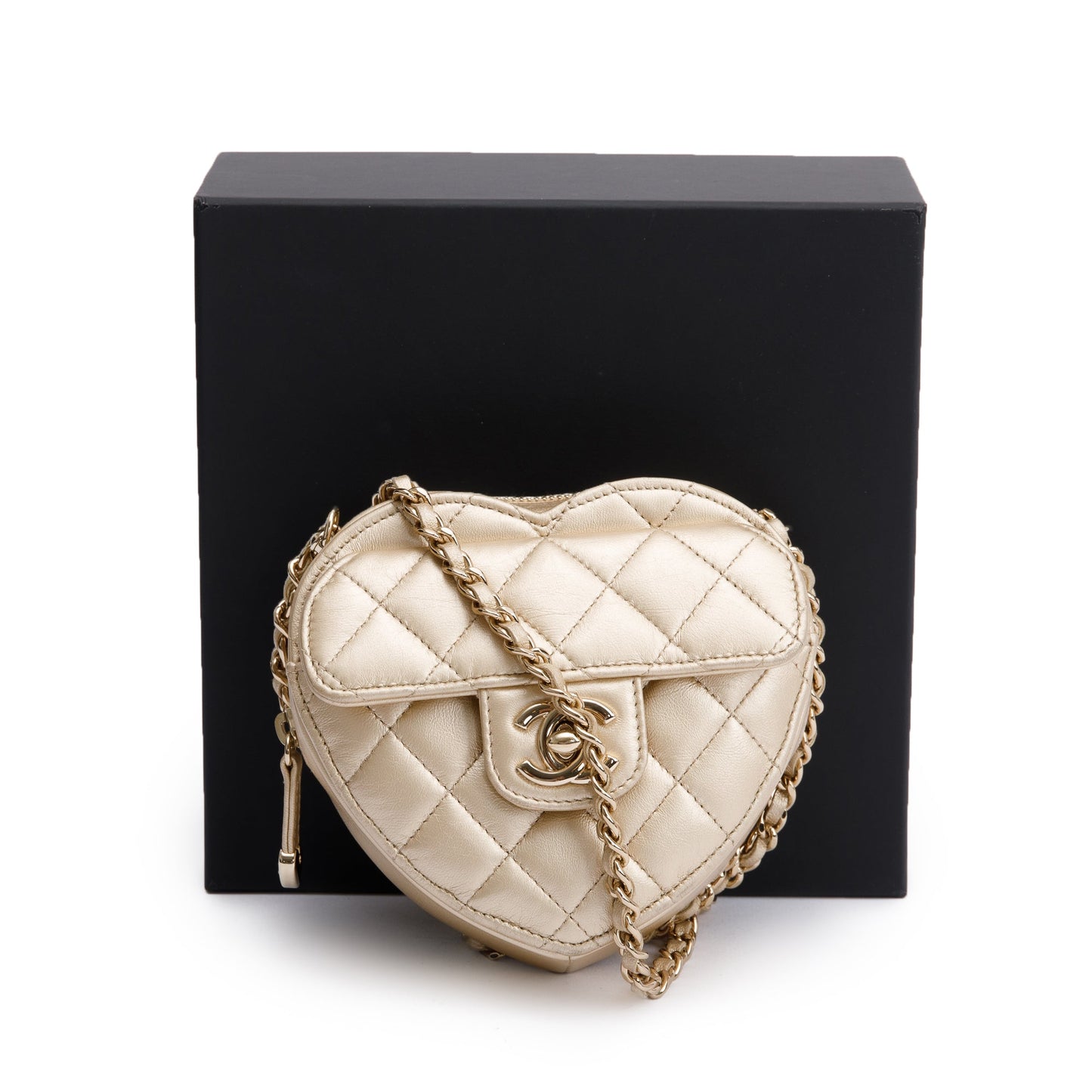 Chanel 2021 Gold Lambskin Leather Mini CC In Love Heart Bag
