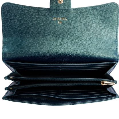 Chanel 2021 Green Iridescent Caviar Leather Classic Long Flap Wallet