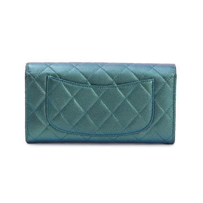 Chanel 2021 Green Iridescent Caviar Leather Classic Long Flap Wallet