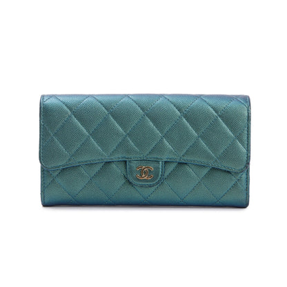 Chanel 2021 Green Iridescent Caviar Leather Classic Long Flap Wallet