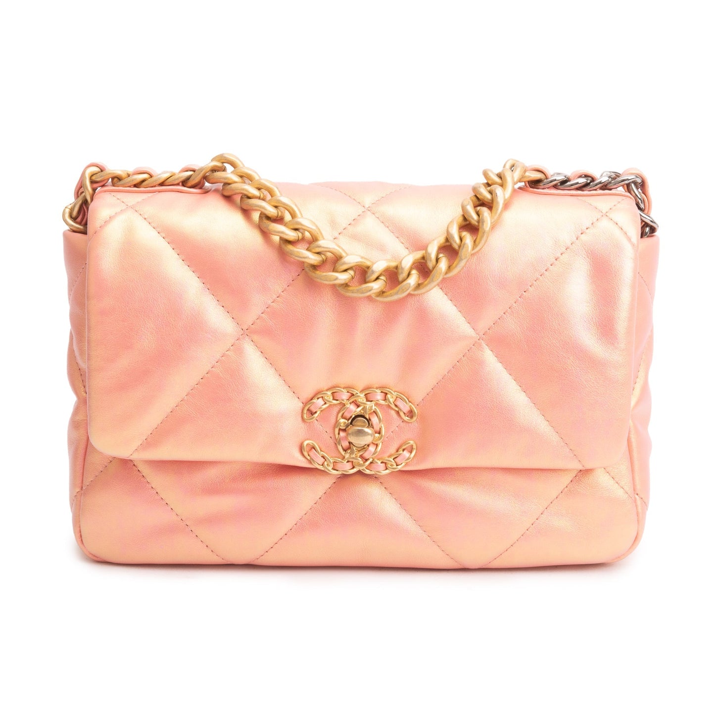 Chanel 2021 Pink Iridescent Lambskin Leather Medium 19 Flap Bag