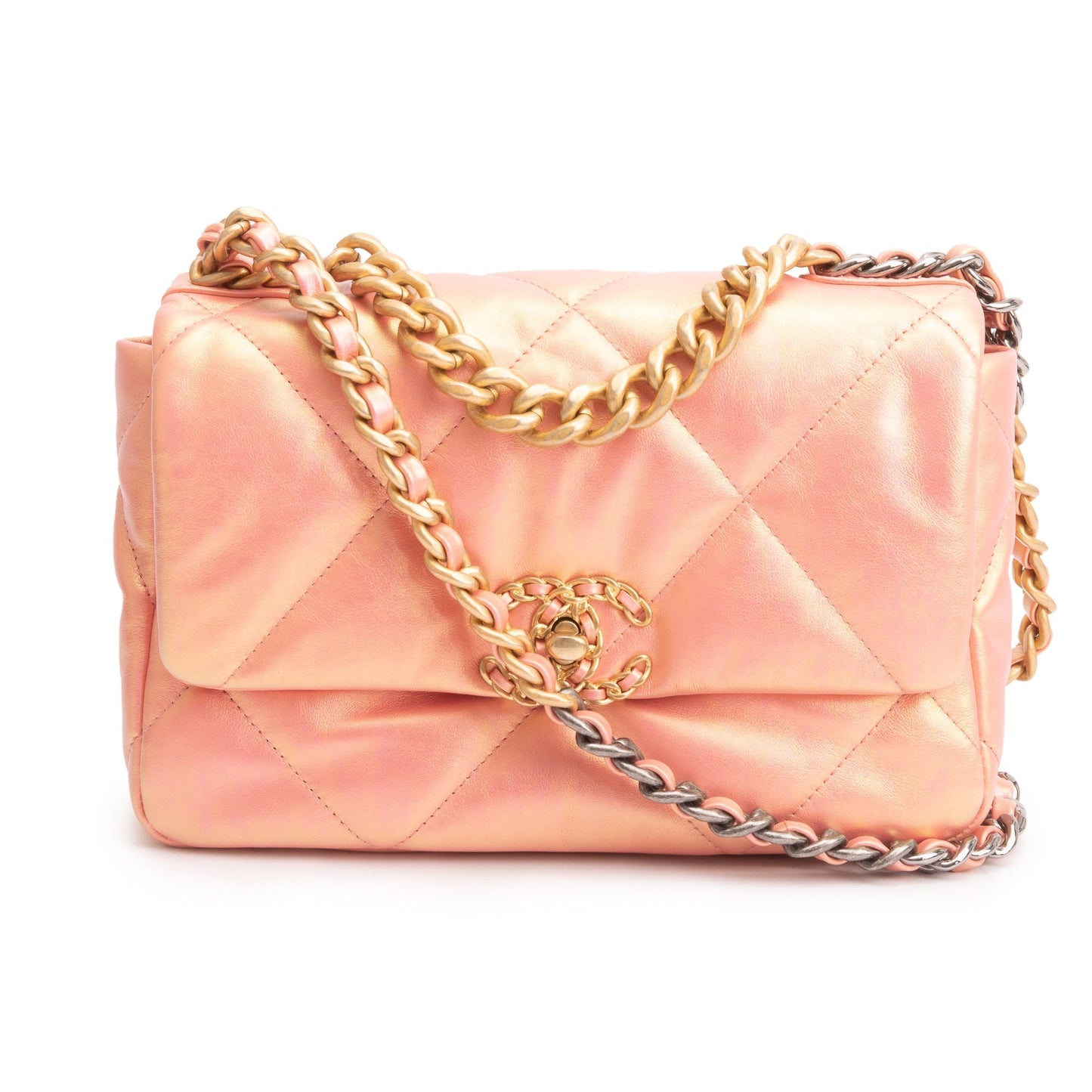 Chanel 2021 Pink Iridescent Lambskin Leather Medium 19 Flap Bag