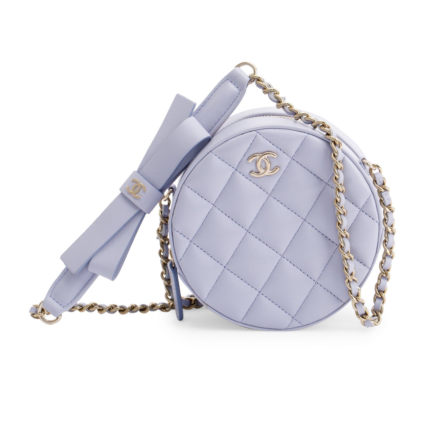 Chanel 2021 Purple Lambskin Bow Strap Round Chain Clutch