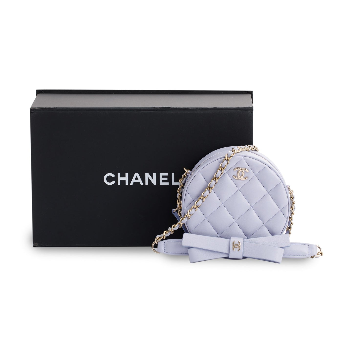 Chanel 2021 Purple Lambskin Bow Strap Round Chain Clutch