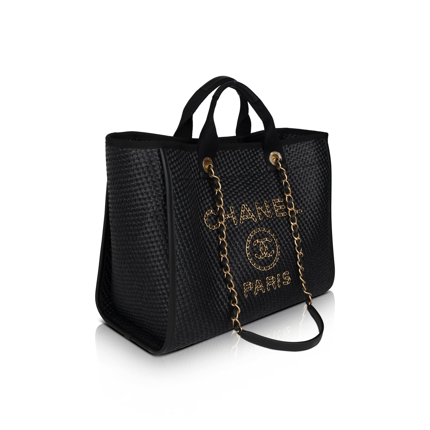 Chanel 2021 Straw Raffia Calfskin Chain Medium Deauville Tote