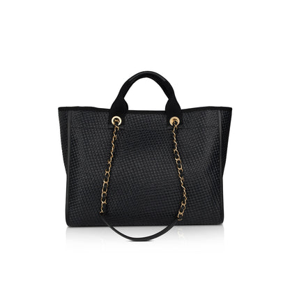 Chanel 2021 Straw Raffia Calfskin Chain Medium Deauville Tote