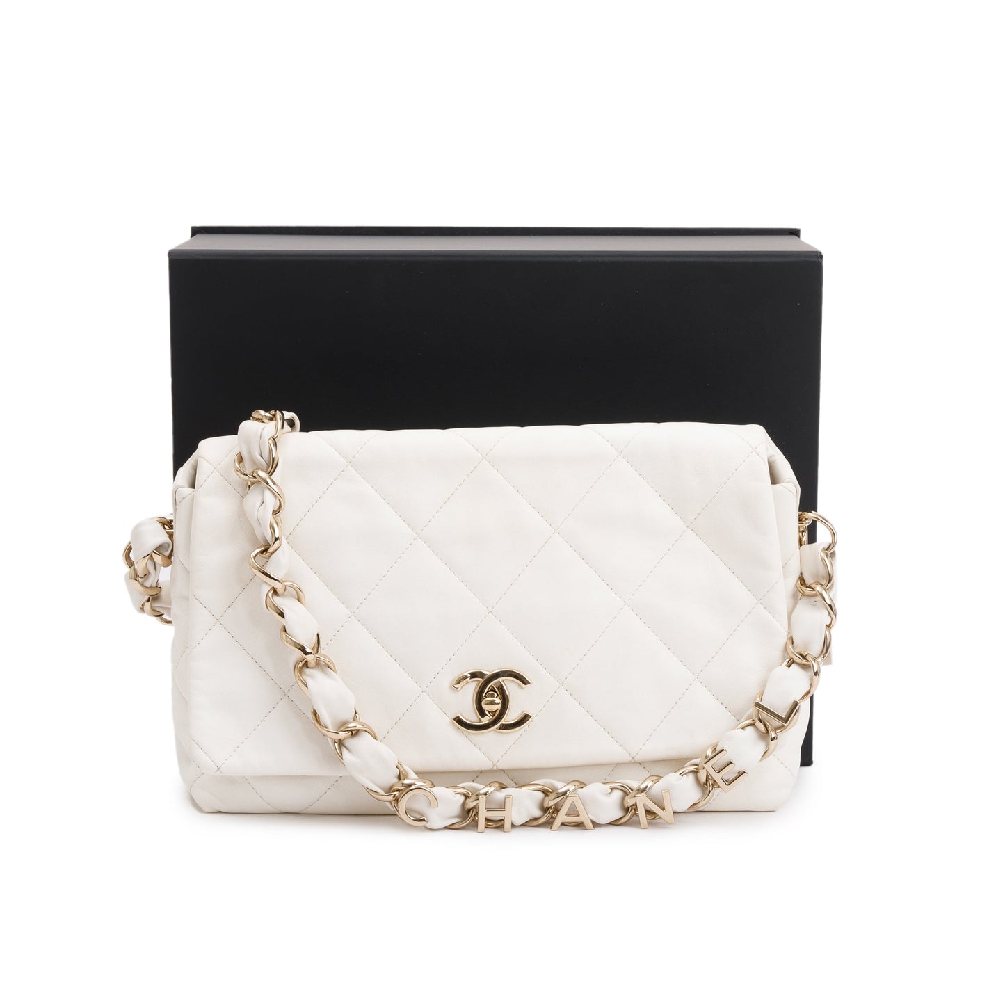 Chanel 2021 White Calfskin Leather Medium Logo Strap Flap Bag