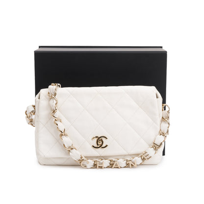 Chanel 2021 White Calfskin Leather Medium Logo Strap Flap Bag