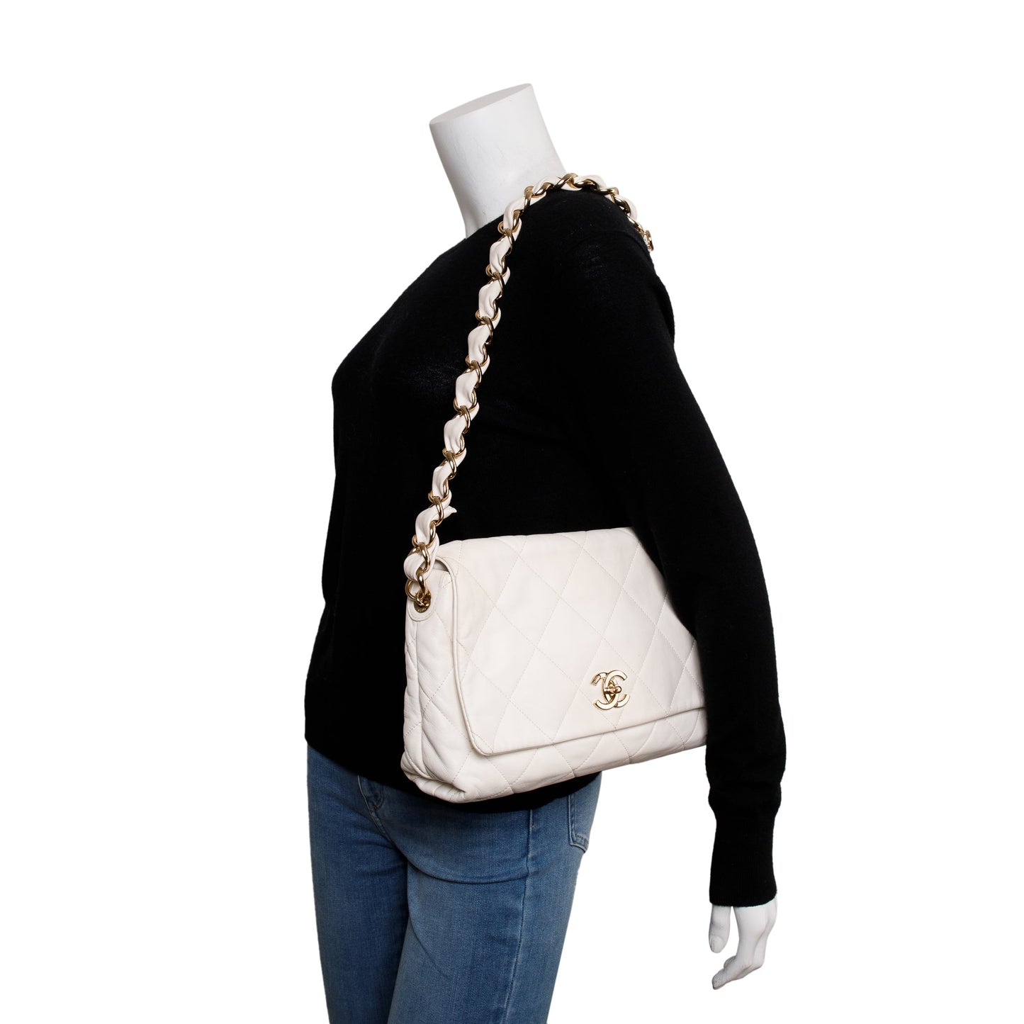 Chanel 2021 White Calfskin Leather Medium Logo Strap Flap Bag