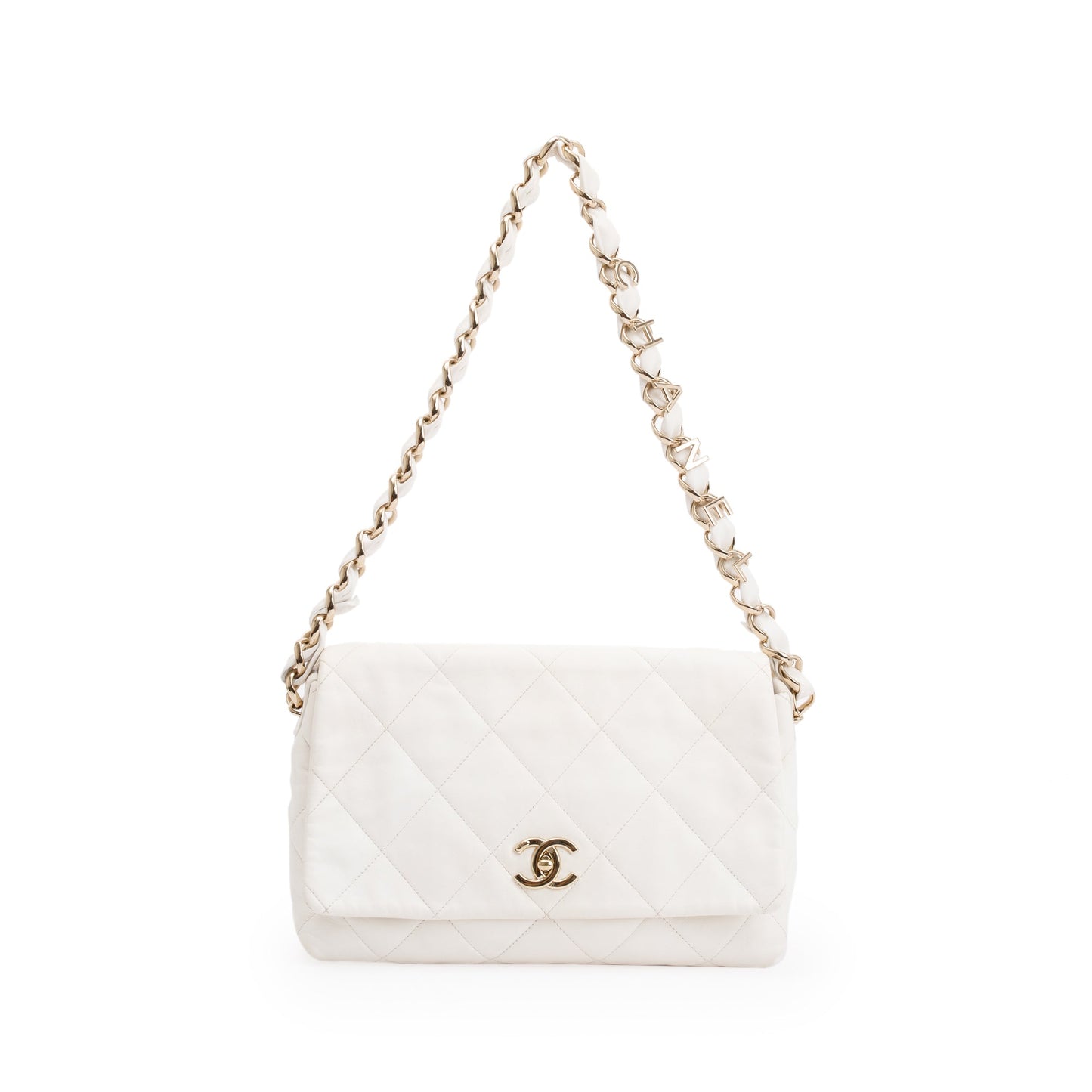 Chanel 2021 White Calfskin Leather Medium Logo Strap Flap Bag