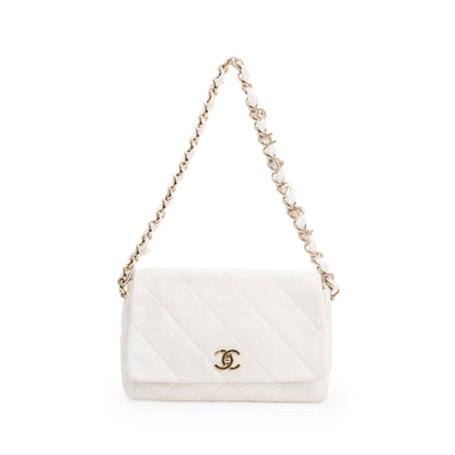 Chanel 2021 White Calfskin Leather Medium Logo Strap Flap Bag