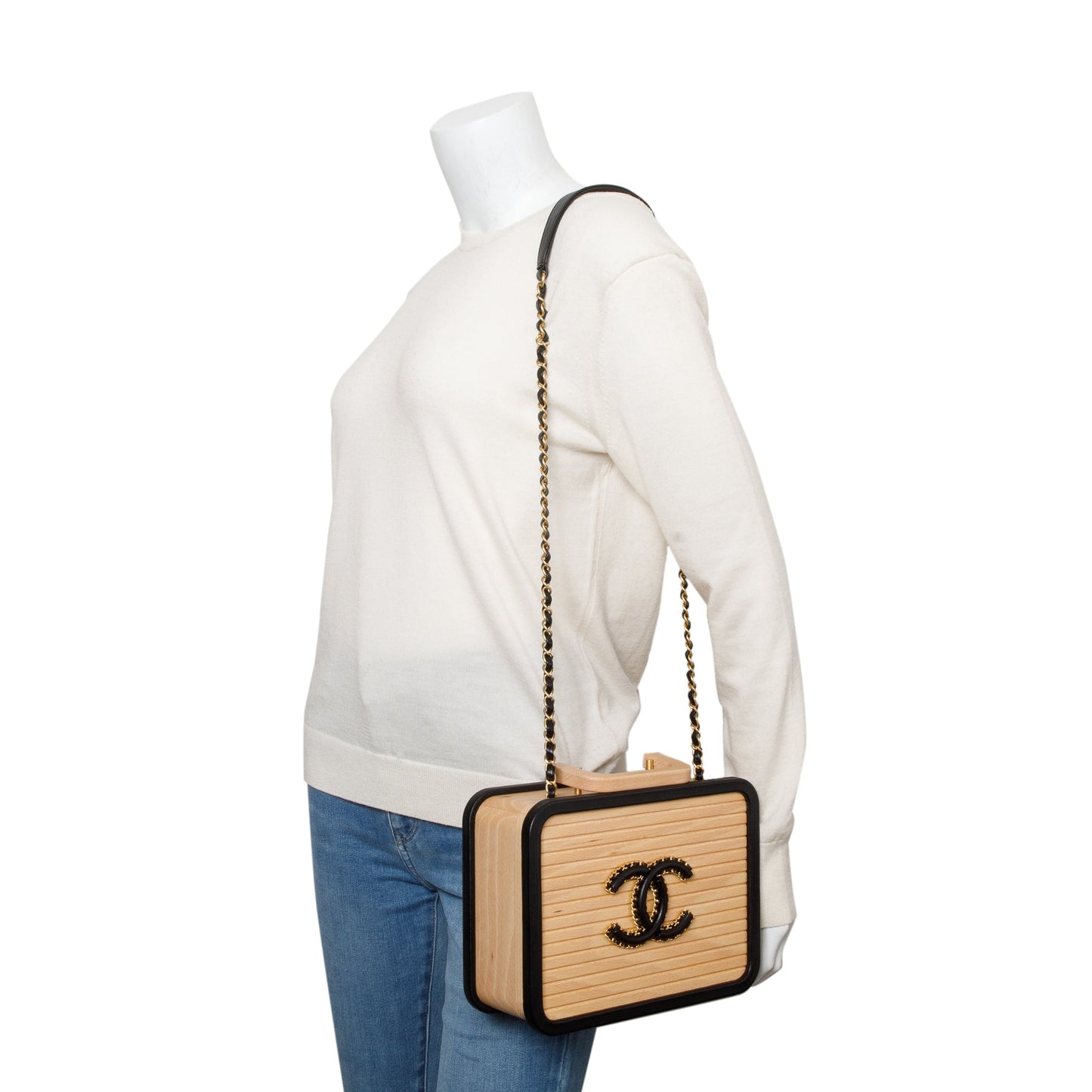 Chanel 2022 Beige Beech Wood Black Lambskin Leather Medium CC Vanity Case