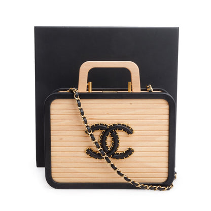 Chanel 2022 Beige Beech Wood Black Lambskin Leather Medium CC Vanity Case