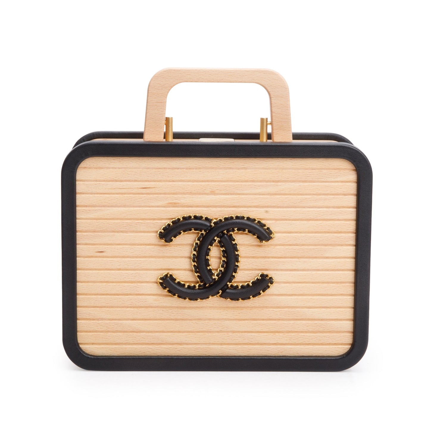 Chanel 2022 Beige Beech Wood Black Lambskin Leather Medium CC Vanity Case