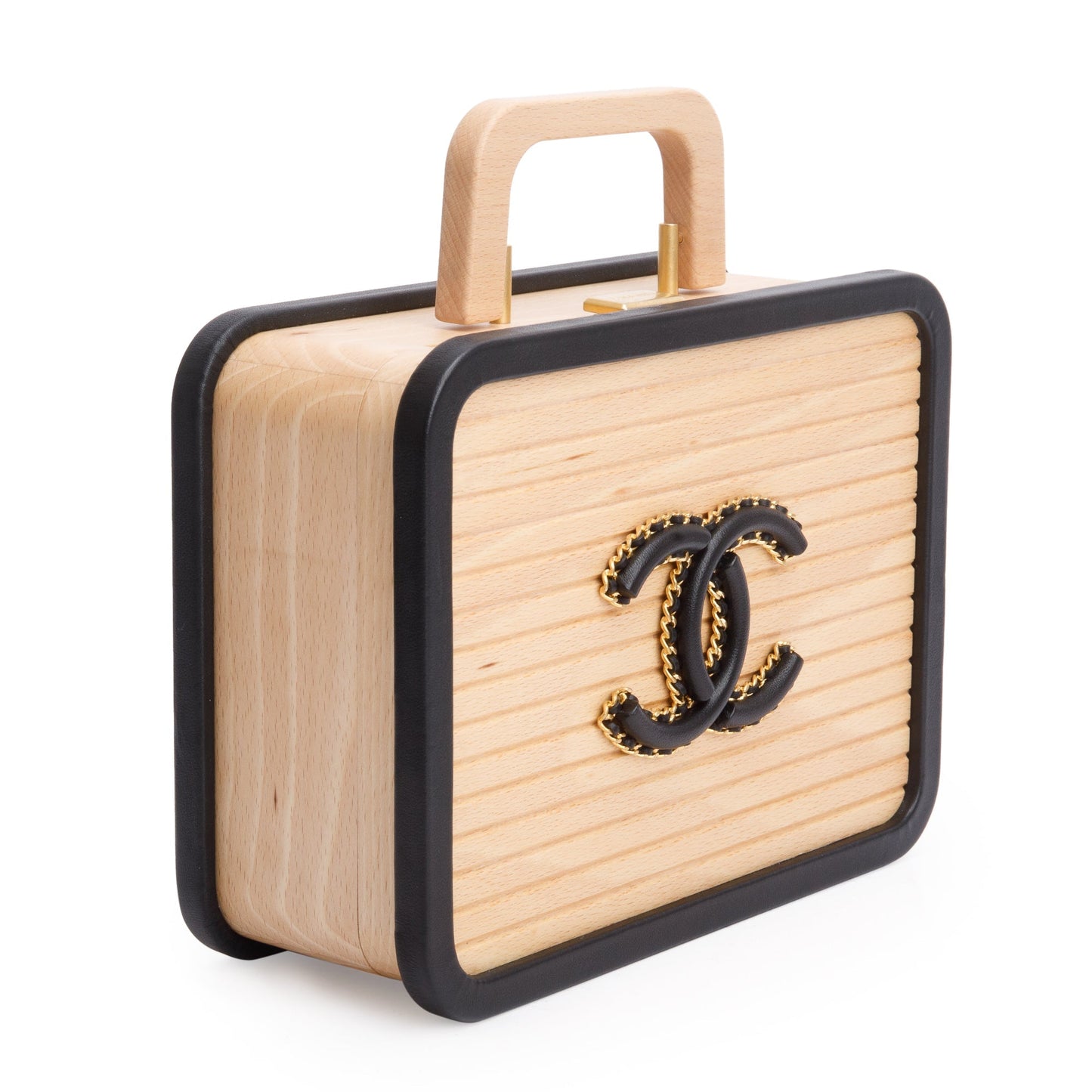 Chanel 2022 Beige Beech Wood Black Lambskin Leather Medium CC Vanity Case