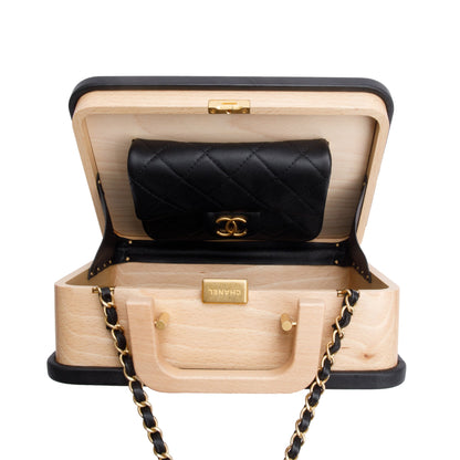 Chanel 2022 Beige Beech Wood Black Lambskin Leather Medium CC Vanity Case
