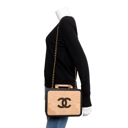 Chanel 2022 Beige Beech Wood Black Lambskin Leather Medium CC Vanity Case