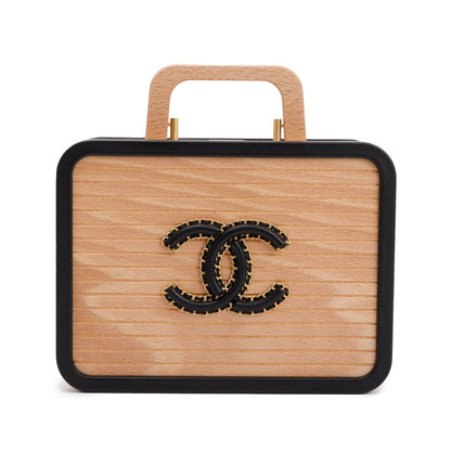 Chanel 2022 Beige Beech Wood Black Lambskin Leather Medium CC Vanity Case