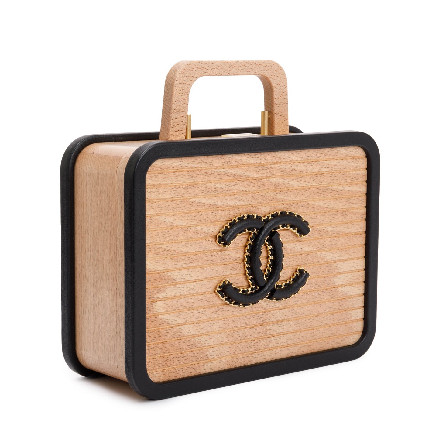 Chanel 2022 Beige Beech Wood Black Lambskin Leather Medium CC Vanity Case